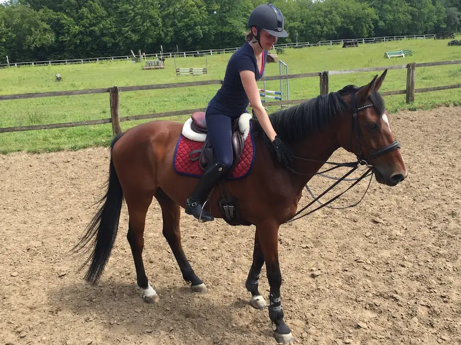 Louise sur un cheval bai lui caressant l'encolure