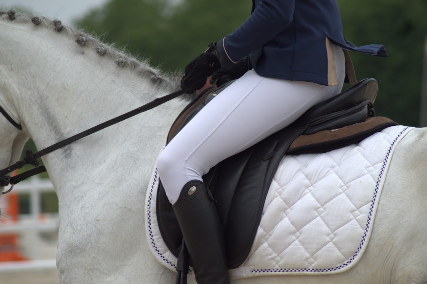 Enfant assis sur un double poney gris  et portant un pantalon d'équitation blanc