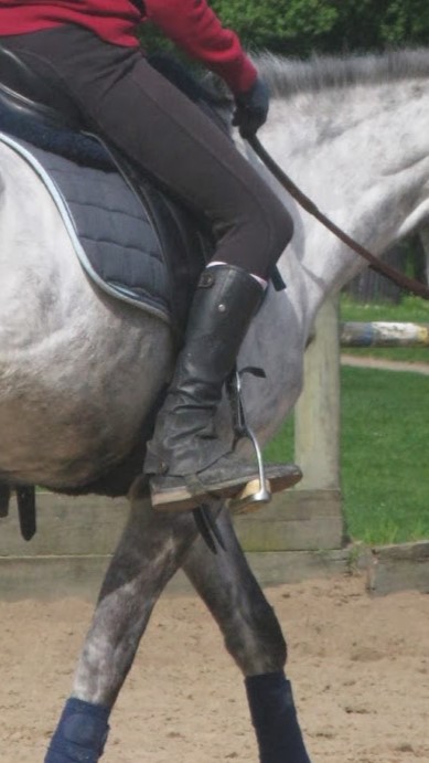 Enfant assis sur un double poney gris portant des boots et mini-chaps